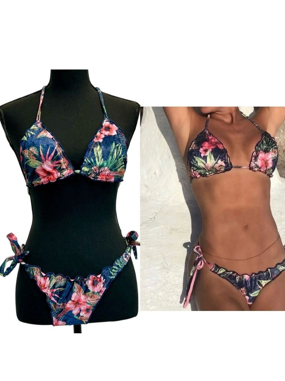 MIACONFITURA Floral velvet velour tropical Scrunched bum Bikini Sz S